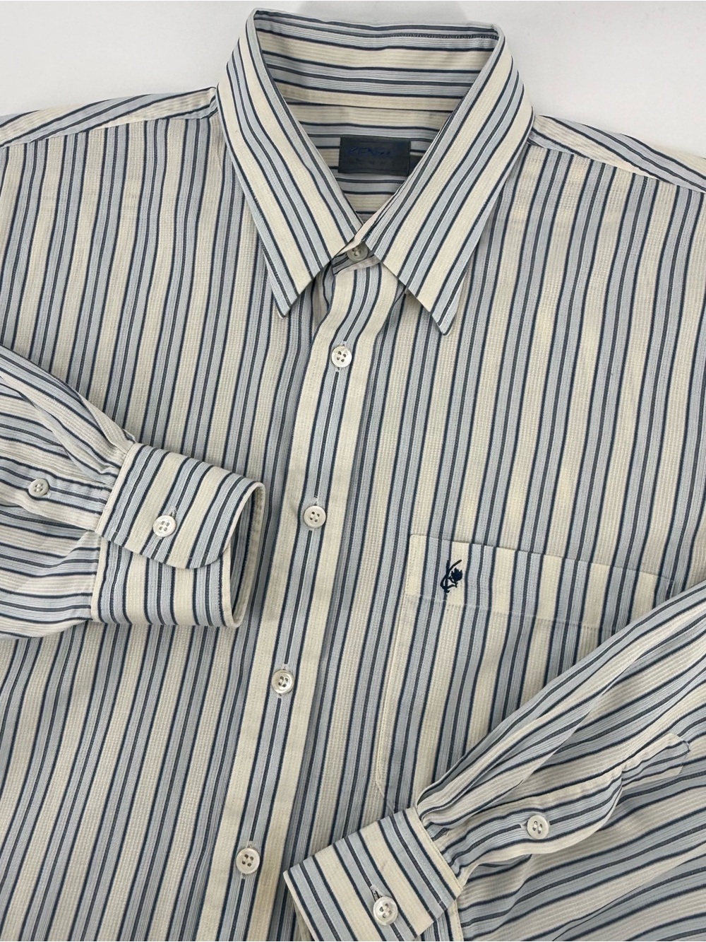 KENZO Men's Striped Button Down Shirt Long Sleeve Blue Cream Multi Stripe XL